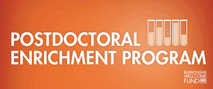 Flyer with burnt orange background and white lettering that states "Postdoctoral Enrichment Program" and "Burroughs Wellcome Fund" underneath cartoon of five test tubes with varying degrees of liquid.