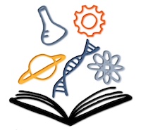 "The national ComSciCon logo of an open book below science icons (a beaker, a DNA strand, a planet) occurs on a white background.