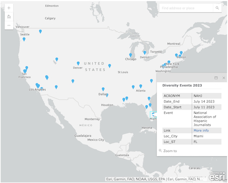 ArcGIS USA map screenshot of blue dots on cities representing locations of where diversity events are occurring. One event has pop-up information box of National Association of Hispanic Journalists conference occurring July 11-14 in Miami, FL.
