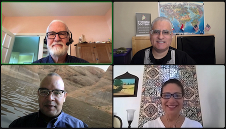 screenshot of NPA panelists from Cluster Hiring session including (clockwise from top left) Edward Krug, Alberto Roca, Maria Luisa Zuniga, and Michael Taffe