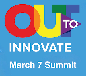 Out to Innovate logo is on a white background where the word "out" is spelled in large capital letters with "O" in red, "U" in yellow" and "T" in half green and half blue. The word "TO" is in capital white letters in front of a small purple triangle that is centered on the previous letter "T". Those "OUT TO" letters slightly overlap so that the colors resemble a rainbow spectrum. Finally, below is the gray word "innovate" in all caps.
