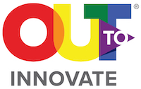 Out to Innovate logo is on a white background where the word "out" is spelled in large capital letters with "O" in red, "U" in yellow" and "T" in half green and half blue. The word "TO" is in capital white letters in front of a small purple triangle that is centered on the previous letter "T". Those "OUT TO" letters slightly overlap so that the colors resemble a rainbow spectrum. Finally, below is the gray word "innovate" in all caps.