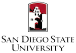 San Diego State University logo with school name below graphic image of building entrance to Hepner Hall with its landmark bell tower.