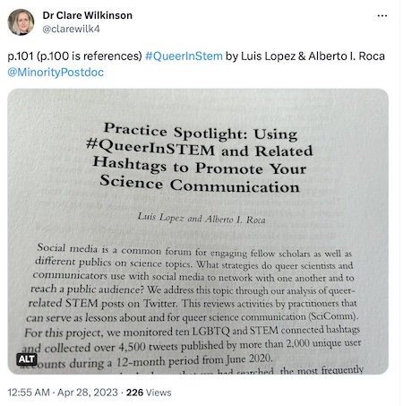 snapshot of Tweet by user clarewilk4 of book chapter titled "Using #QueerInSTEM and Related Hashtags to Promote Your Science Communication".