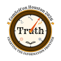 The Houston ComSciCon logo on a white background of a wagon wheel clock with a dark brown wheel and orange rope-style rim enclosing a tan clock face. Some of the major clock hour tics have science icon elements from the national ComSciCon logo such as an open book, a beaker, a DNA strand, and a planet. The word "Truth" is centered in the clock while a single red clock hand points at 1pm. Finally, the clock is surrounded by the black text "ComSciCon Houston 2026" at top and "Charting the Information Frontier” at bottom.